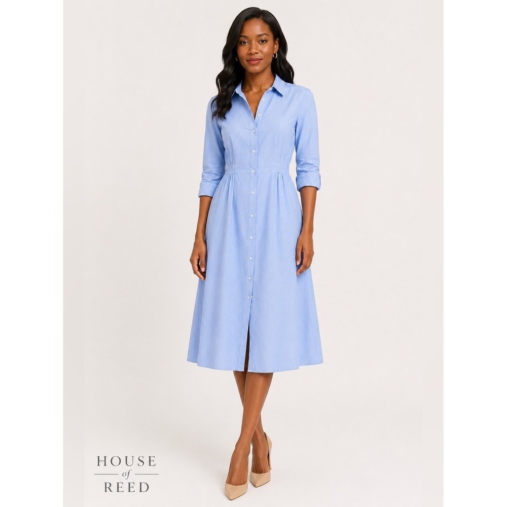 J.Crew Light Blue Button Front Midi Shirt Dress Sz 2 Cotton Poplin Long Sleeve